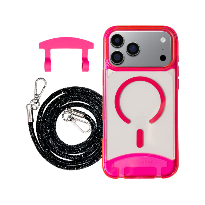 iPhone 17 Pro Max HOT PINK TRANSPARENT CASE + CRYSTAL CORD