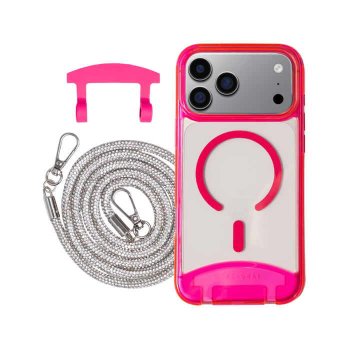 iPhone 17 Pro Max HOT PINK TRANSPARENT CASE + CRYSTAL CORD