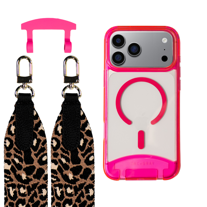 iPhone 17 Pro Max HOT PINK TRANSPARENT CASE + PATTERNED STRAP